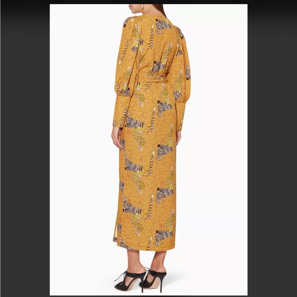 Rhode Aspen Serengeti Yellow Puff Sleeve Animal Print Zebra Wrap MIDI Dress - Picture 5 of 14
